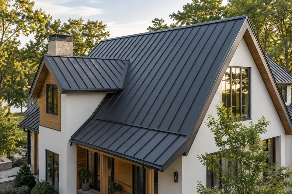 Charcoal standing-seam roof on a modern white home, a fictional roofing concept